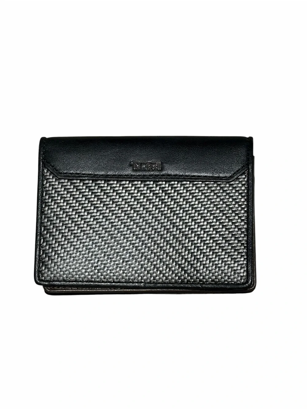 TUMI Black & Gray Woven Leather Business Card Holder Wallet NWOT